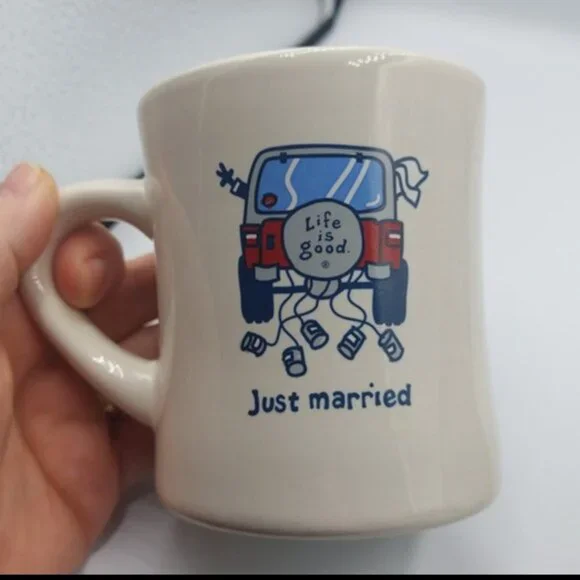 Life Is Good Home Diner Mug Just Married Jeep Bride & Groom White EUC - Picture 2 of 5